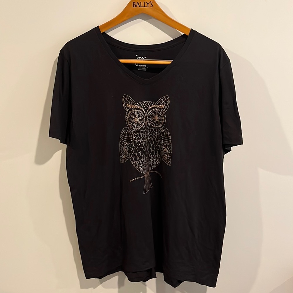 Plus Size Women’s V-Neck T-Shirt, Black Gold Owl Design, Size 3X